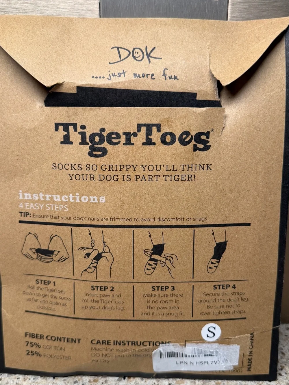 DOK Tiger Toes Maximum Grip Dog Socks Size SMALL Black (4 Pack)